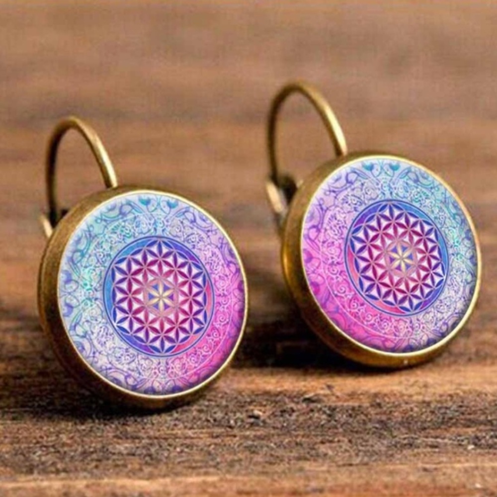 Brass Color Geometric Pattern Blue Earrings